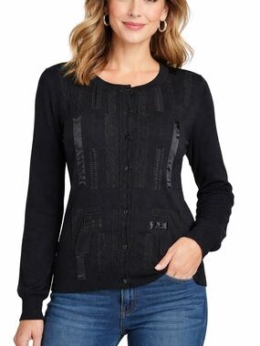 Betu Sport Black Appliqué Ribbon Satin Mixed Media Cardigan Sweater Size Medium